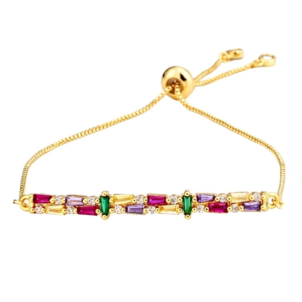 Gold-Plated Adjustable Bracelet with Rainbow CZ Baguettes – 50x6mm Bar Design